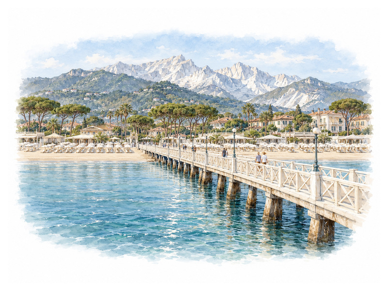 Forte dei Marmi pier overlooking elegant beach clubs and the Apuan Alps
