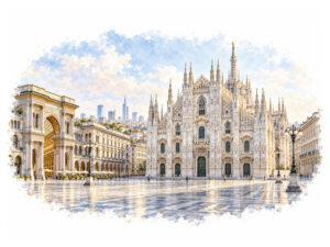 Milan Cathedral and the Galleria entrance overlooking Piazza del Duomo at sunrise
