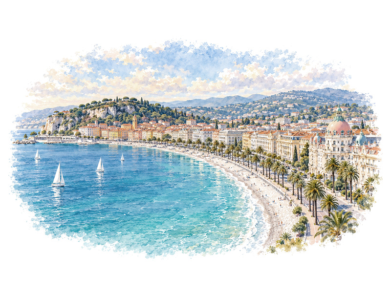 Watercolour panorama of the Promenade des Anglais for luxury car rental in Nice