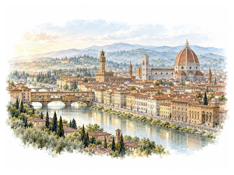 Florence skyline above Ponte Vecchio and the Arno with the Tuscan hills beyond