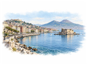 Castel dell’Ovo and the Naples waterfront overlooking the bay and Mount Vesuvius