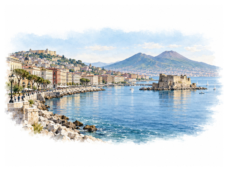 Castel dell’Ovo and the Naples waterfront overlooking the bay and Mount Vesuvius