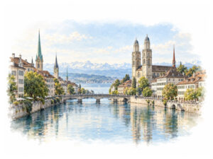 Fantastic panorama of the Limmat and Grossmünster for luxury car rental in Zurich