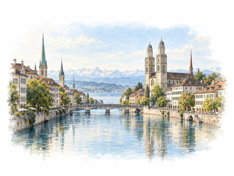 Fantastic panorama of the Limmat and Grossmünster for luxury car rental in Zurich