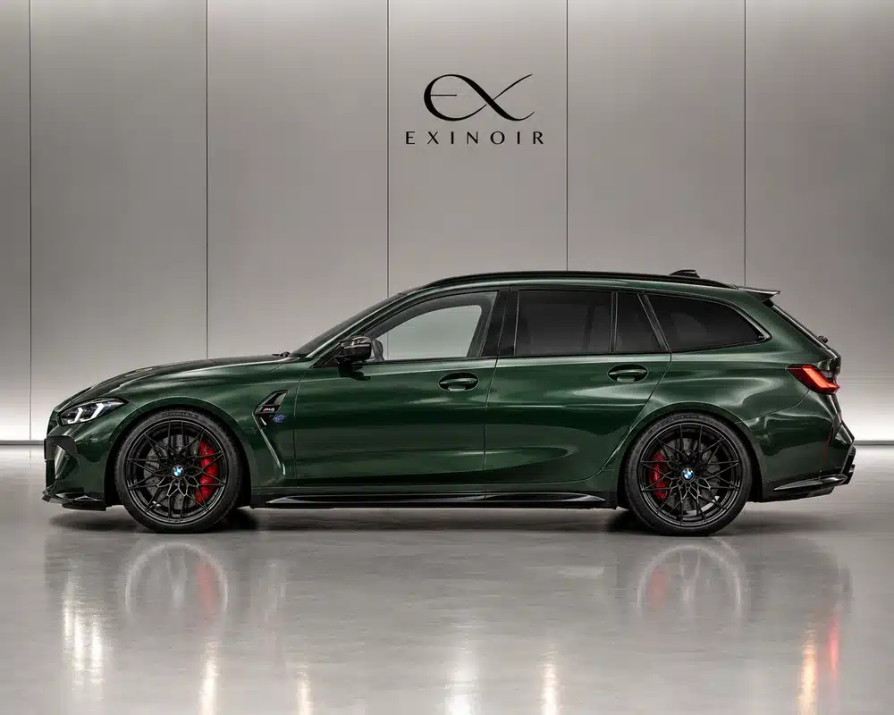 Dark green BMW M3 Competition Touring side view – high-performance luxury car rental in Europe