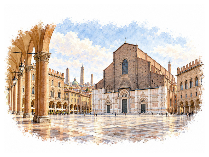 Piazza Maggiore framed by Bologna’s historic porticoes in soft morning light