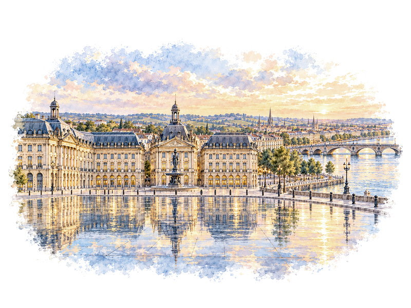 Watercolour view of Place de la Bourse for luxury car rental in Bordeaux