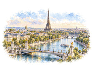 Watercolour panorama of the Eiffel Tower and Seine for luxury car rental in Paris