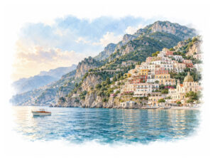 Positano and the Mediterranean cliffs along the Amalfi Coast at sunrise