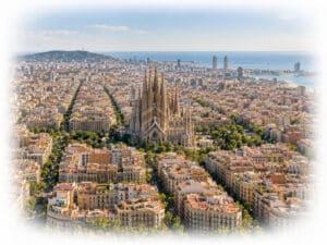 Panoramic Barcelona skyline with the Sagrada Família, Eixample district and Mediterranean coast