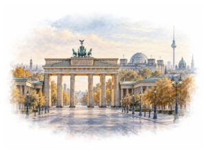 Watercolour view of the Brandenburg Gate for luxury self-drive car rental in Berlin
