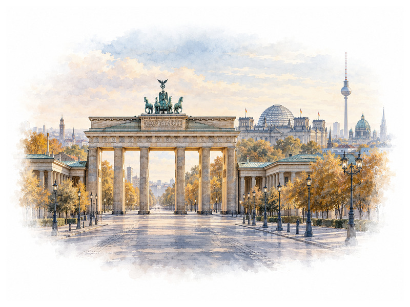 Watercolour view of the Brandenburg Gate for luxury self-drive car rental in Berlin