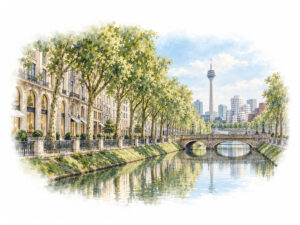Elegant Königsallee and Rheinturm illustration for luxury car rental in Düsseldorf
