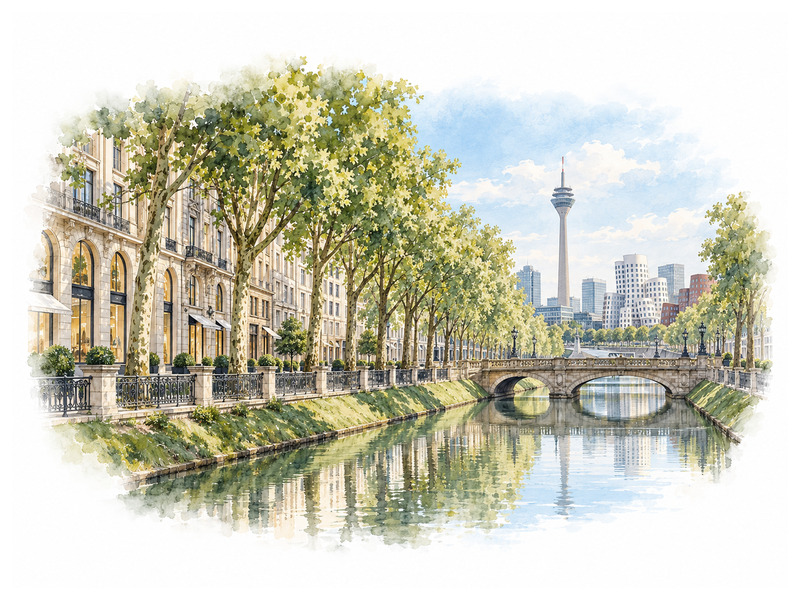 Elegant Königsallee and Rheinturm illustration for luxury car rental in Düsseldorf