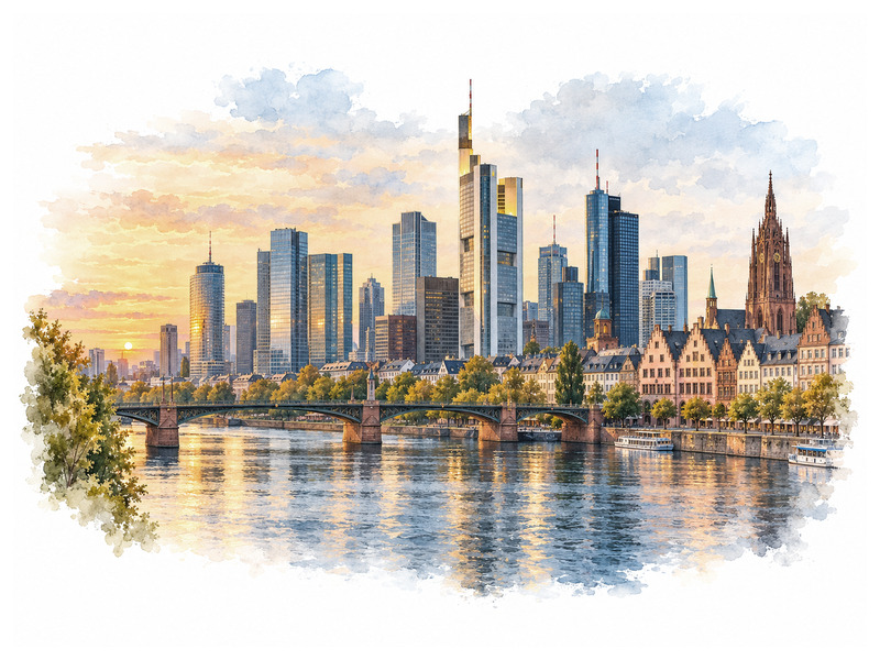 Frankfurt am Main skyline, historic waterfront and bridge reflected in the River Main