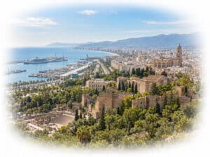 Panoramic view of Málaga with the Alcazaba, Cathedral, port and Mediterranean coastline