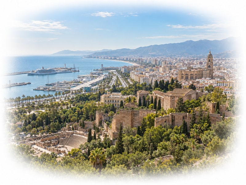 Panoramic view of Málaga with the Alcazaba, Cathedral, port and Mediterranean coastline