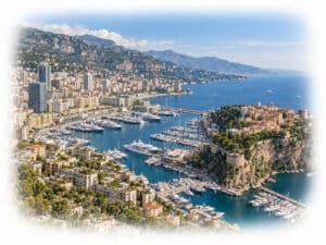 Panoramic view of Port Hercule, luxury yachts and the Monaco skyline on the French Riviera