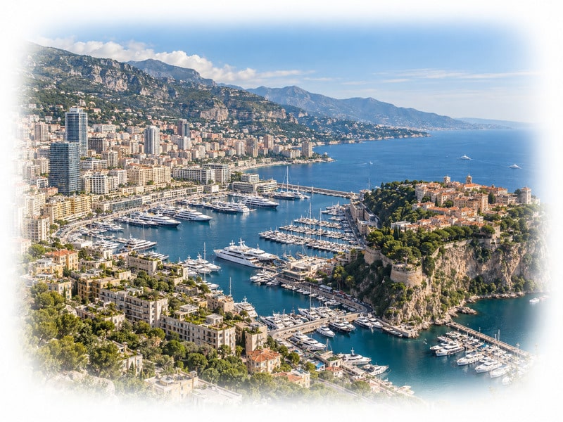Panoramic view of Port Hercule, luxury yachts and the Monaco skyline on the French Riviera