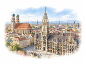 Munich skyline with Marienplatz, the Frauenkirche and the Bavarian Alps