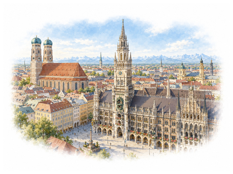 Munich skyline with Marienplatz, the Frauenkirche and the Bavarian Alps