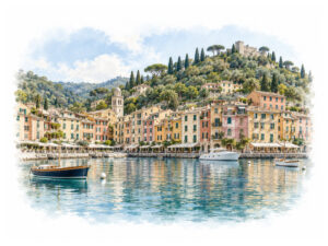 Portofino harbour and its pastel waterfront beneath the green Ligurian hills