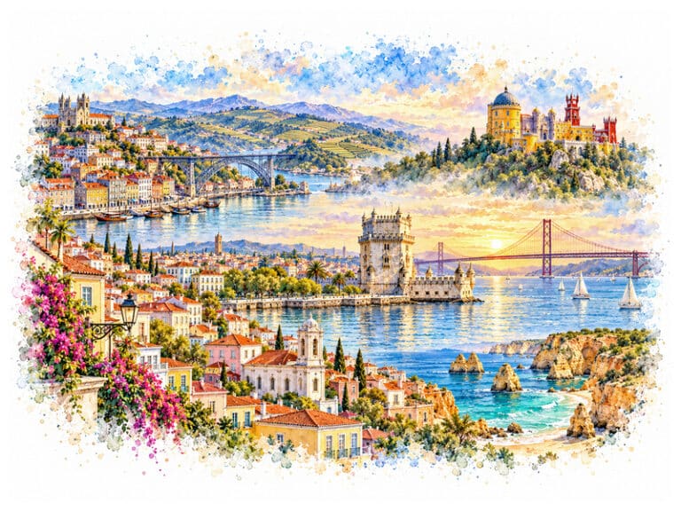 Watercolour panorama of Lisbon, Porto, Sintra and the Algarve representing luxury travel in Portugal