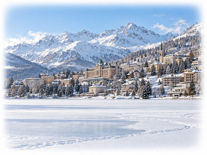 Snow-covered St. Moritz above the frozen lake with the Engadin mountains in winter