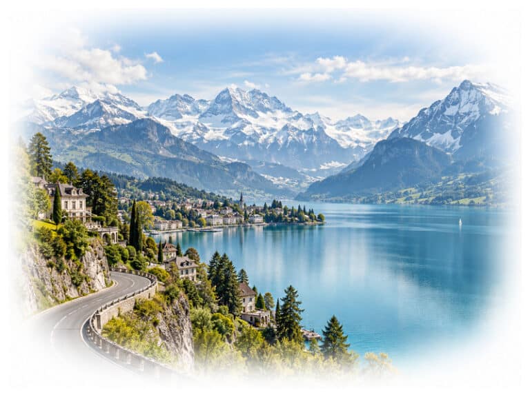 Panoramic Swiss Alpine lake and mountain road for a luxury journey through Switzerland