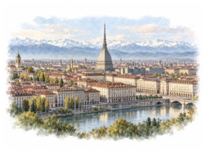 Turin skyline with the Mole Antonelliana, River Po and snow-covered Alps
