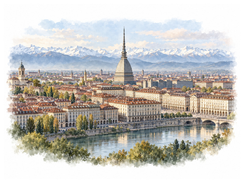 Turin skyline with the Mole Antonelliana, River Po and snow-covered Alps