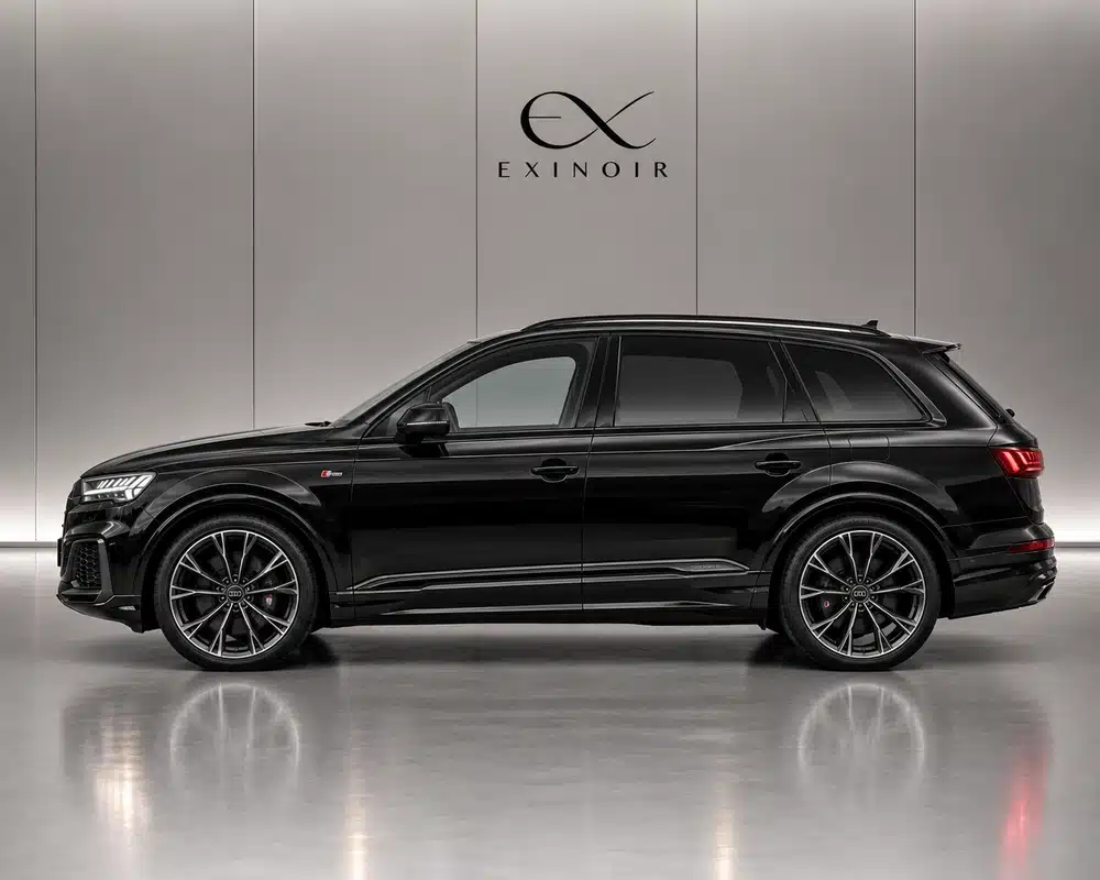 Black Audi Q7 S Line 50 TDI side profile – premium seven-seat SUV rental with Exinoir