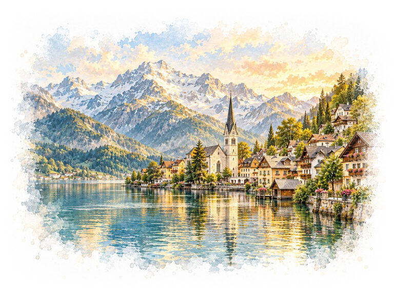 Luxury car rental in Graz – watercolor view of Graz, Austria