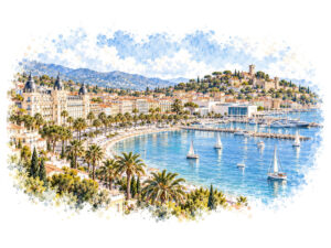 Watercolour panorama of the Croisette and harbour for luxury car rental in Cannes