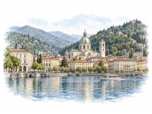 Como Cathedral and the historic waterfront reflected across Lake Como