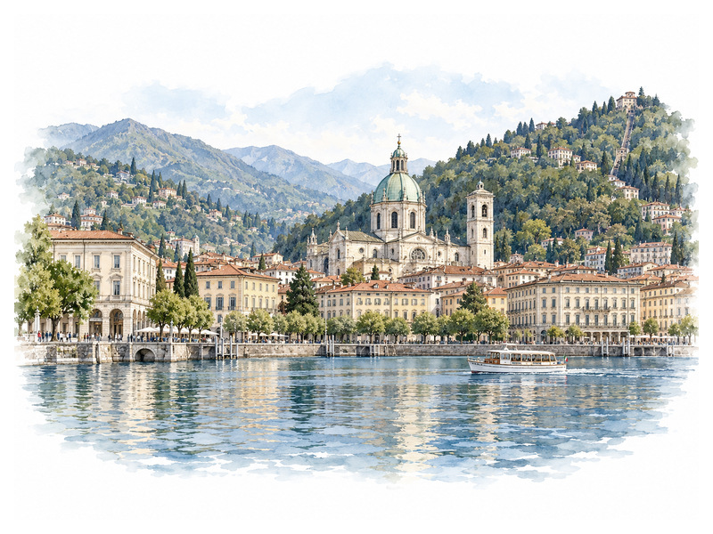 Como Cathedral and the historic waterfront reflected across Lake Como