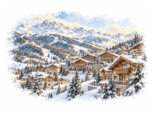 Snow-covered Courchevel 1850 chalets beneath the French Alps in winter