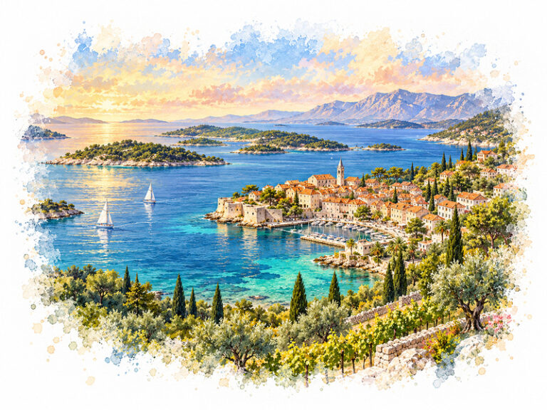Watercolour view of the Adriatic coast for luxury car rental in Croatia