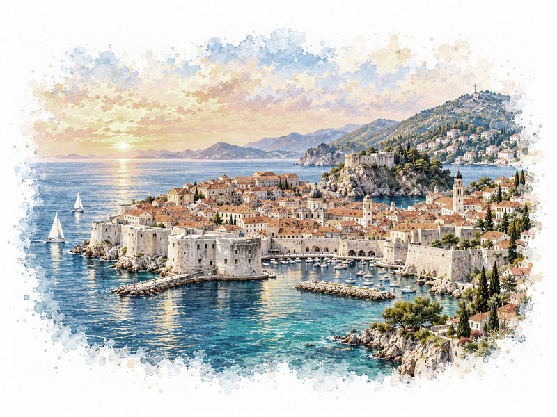 Watercolour panorama of Dubrovnik for luxury car rental in Dubrovnik