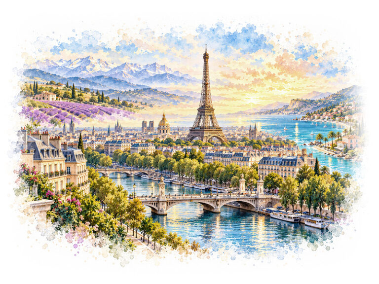 Watercolour panorama of Paris and the French regions for luxury car rental in France