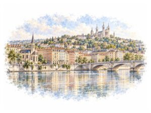 Watercolour panorama of Fourvière and the Saône for luxury car rental in Lyon