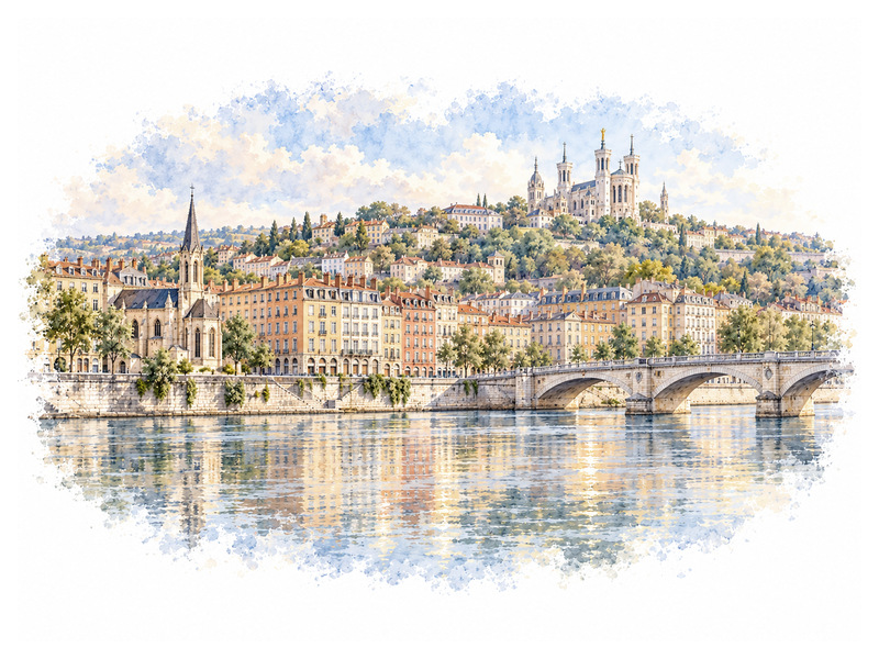 Watercolour panorama of Fourvière and the Saône for luxury car rental in Lyon