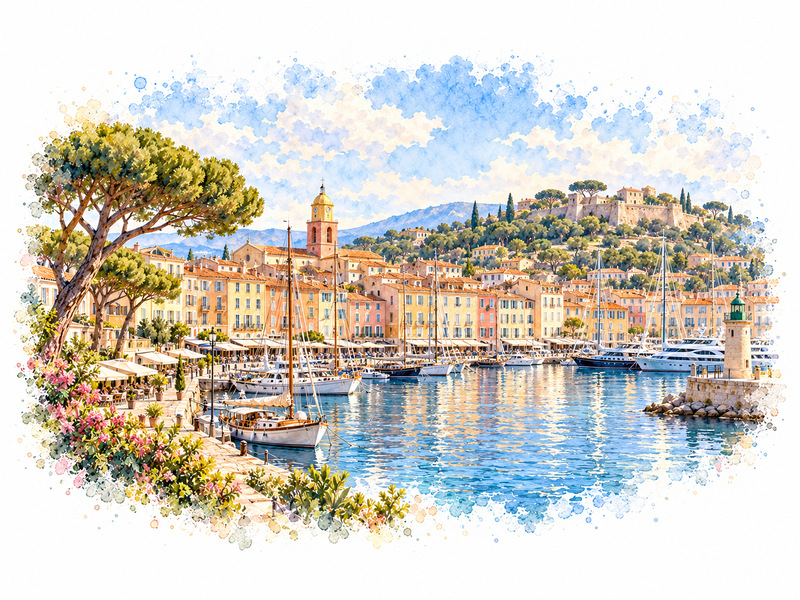 Watercolour view of Saint-Tropez harbour for luxury car rental in Saint-Tropez