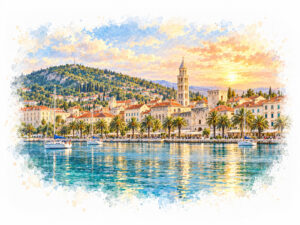 Watercolour view of Split waterfront for luxury car rental in Split