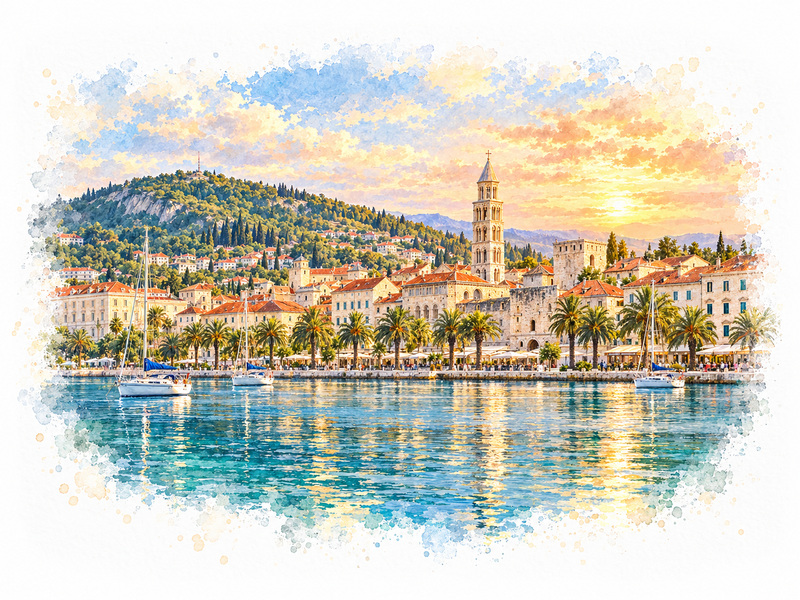 Watercolour view of Split waterfront for luxury car rental in Split