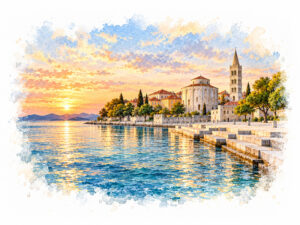 Watercolour view of Zadar waterfront for luxury car rental in Zadar