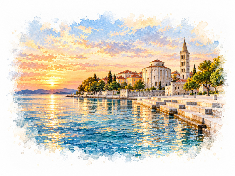 Watercolour view of Zadar waterfront for luxury car rental in Zadar