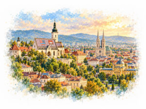 Watercolour panorama of Zagreb for luxury car rental in Zagreb