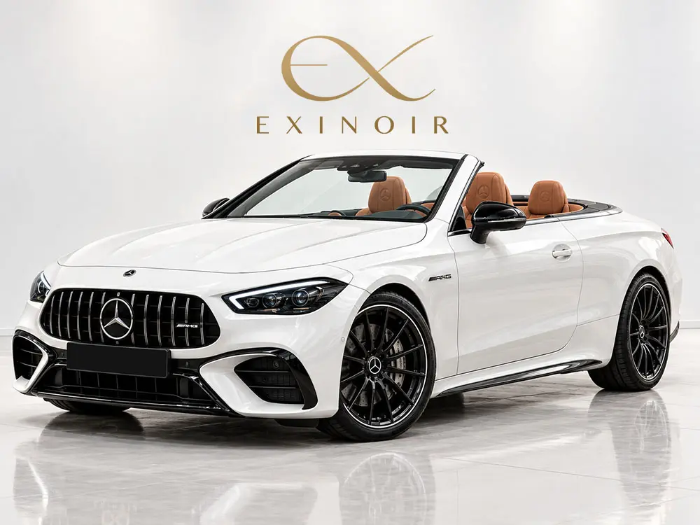White Mercedes-AMG CLE 53 Cabriolet with elegant tan leather interior